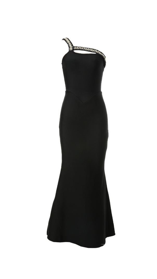 AIIZIE ONE SHOULDER DIAMOND BODYCON MAXI DRESS IN BLACK - product image
