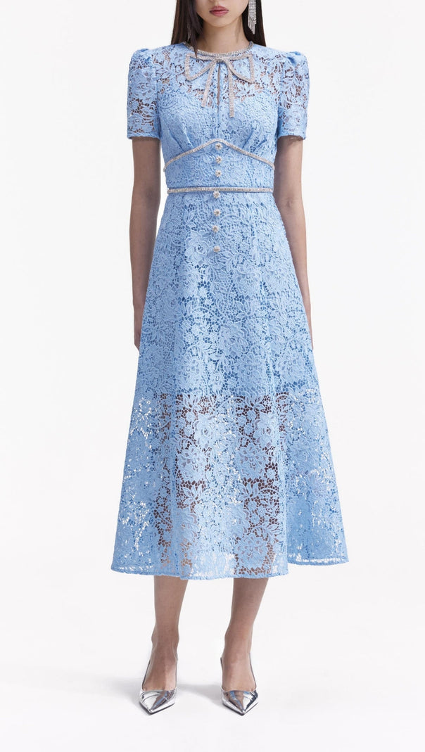 AIIZIE BLUE CORD LACE BOW MIDI DRESS - product image