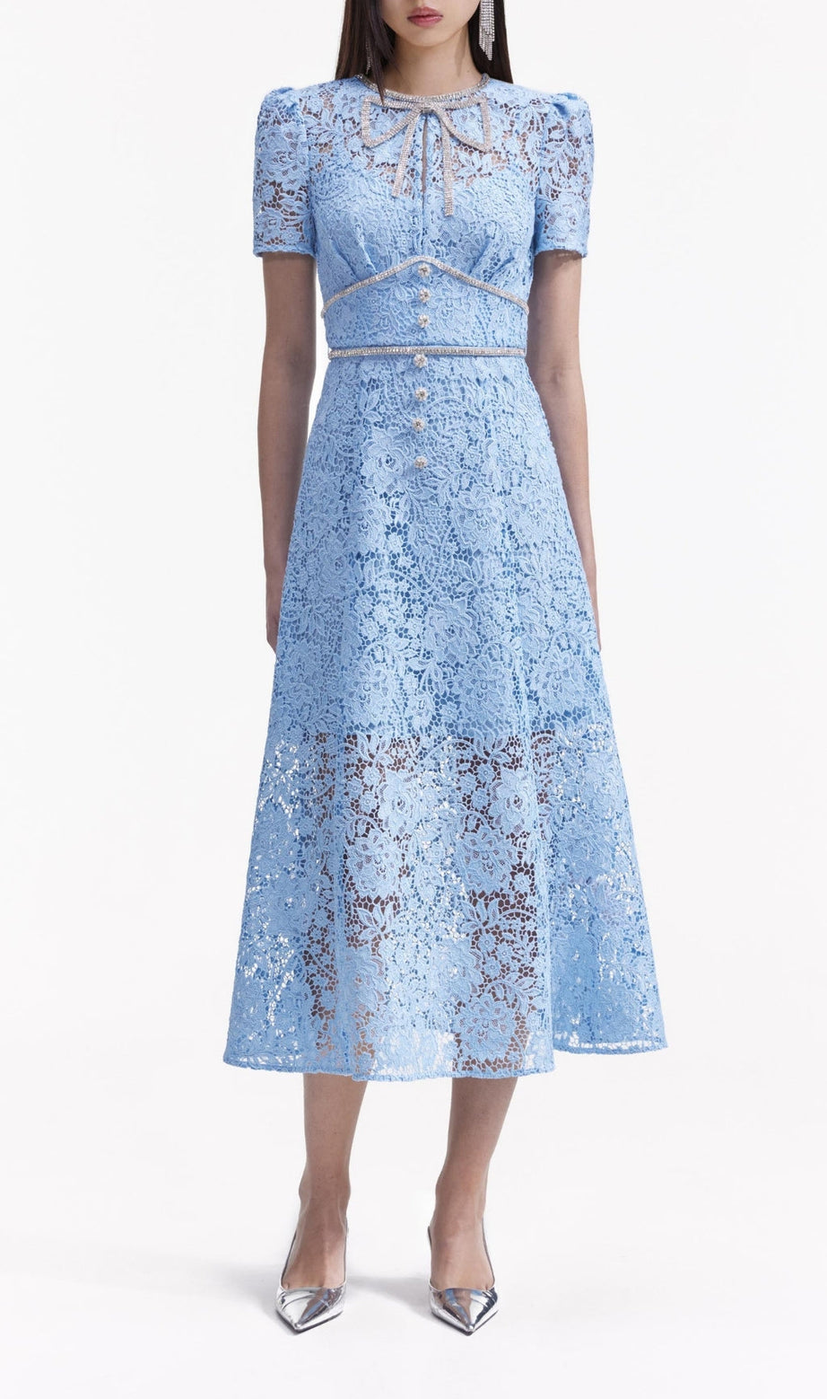BLUE CORD LACE BOW MIDI DRESS