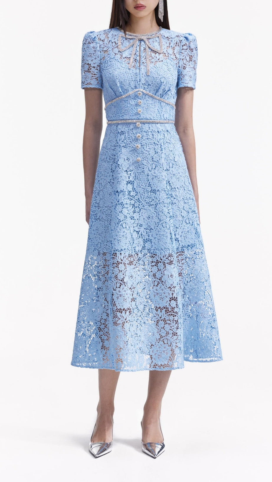 BLUE CORD LACE BOW MIDI DRESS
