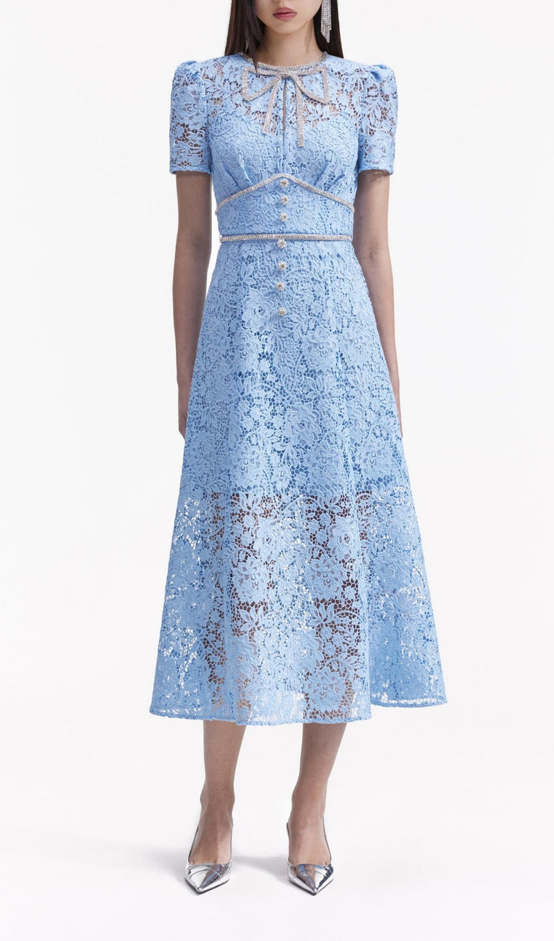 BLUE CORD LACE BOW MIDI DRESS