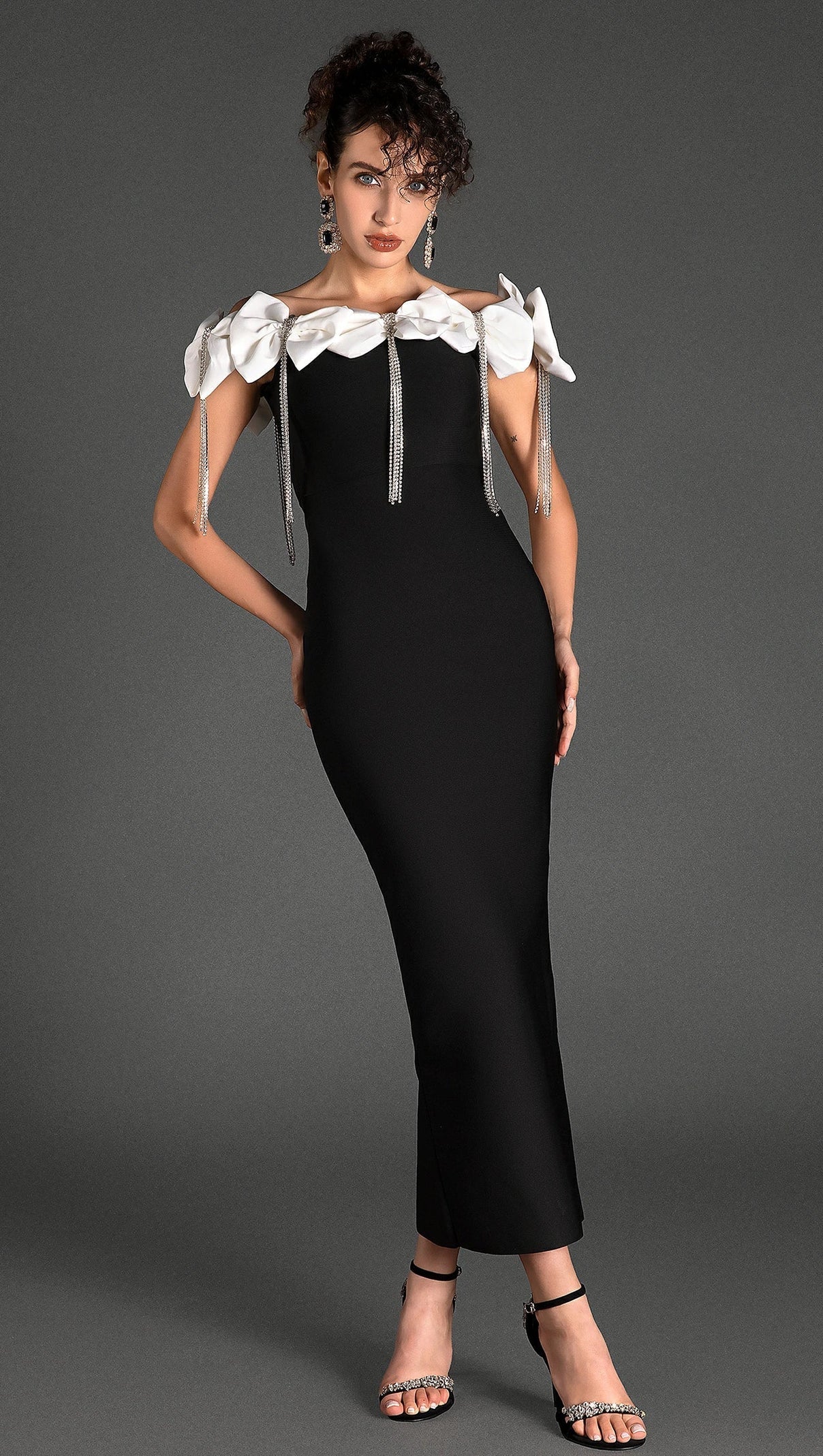 Palaiolis Bow Rhinestone Fringe Bandage Dress