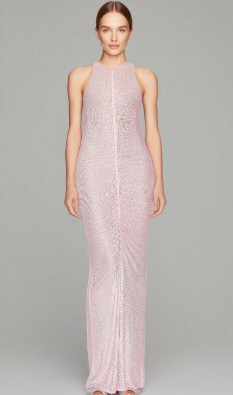 Hollow Mesh Rhinestone Sleeveless maxi Dress in pink