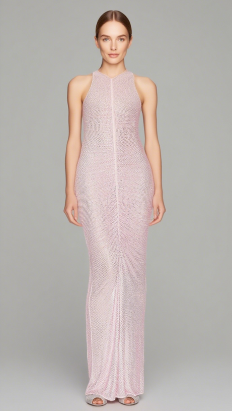 HOLLOW MESH RHINESTONE SLEEVELESS MAXI DRESS IN PINK