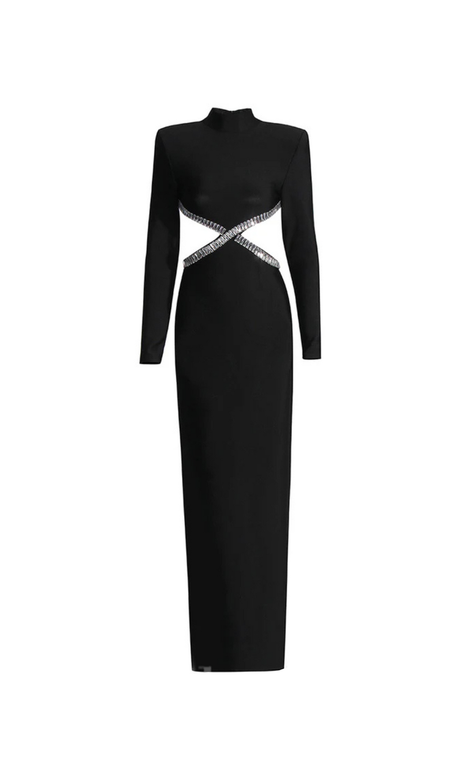 Schwarzes Maxikleid aus Crêpe mit Baguette-Kristallen und seitlichen Cut-outs