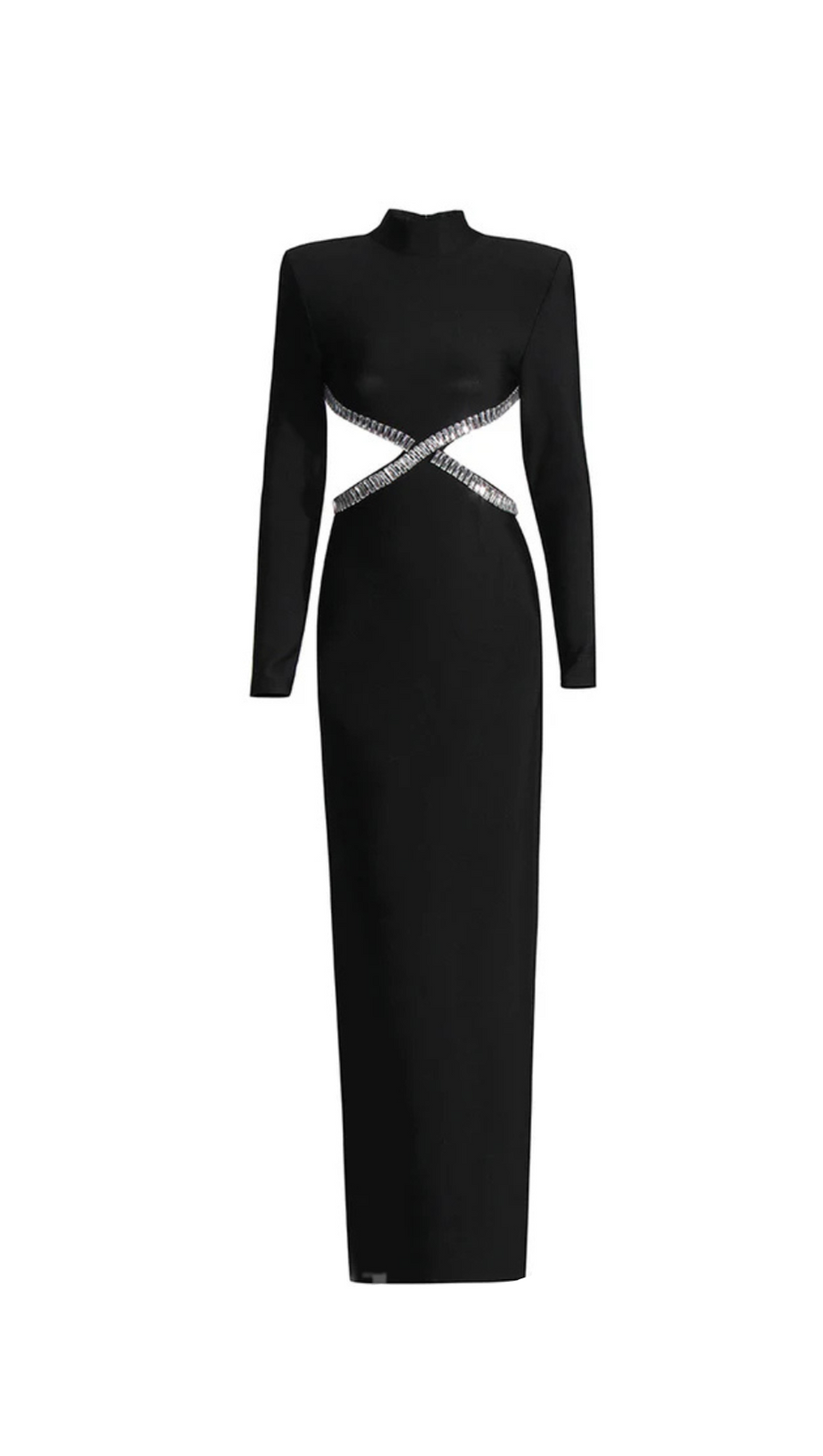 Schwarzes Maxikleid aus Crêpe mit Baguette-Kristallen und seitlichen Cut-outs