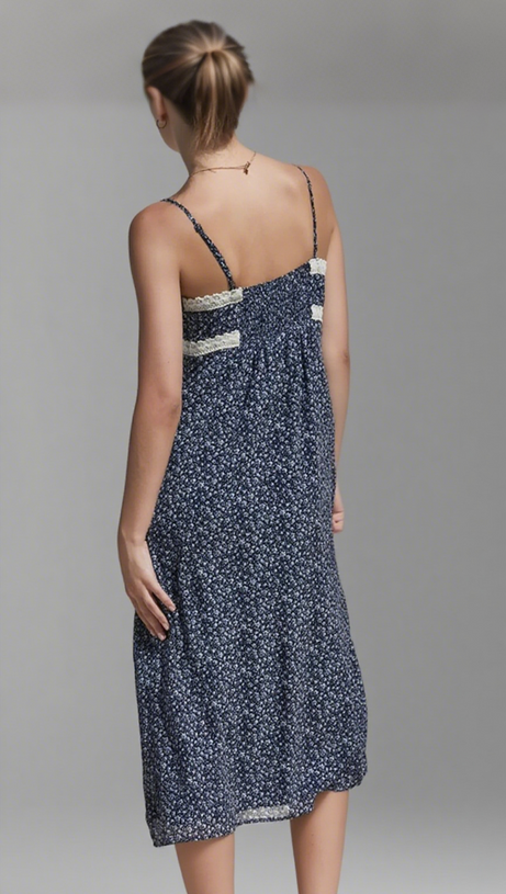 V-NECKLINE FLORAL LACE TRIM MIDI DRESS IN NAVY