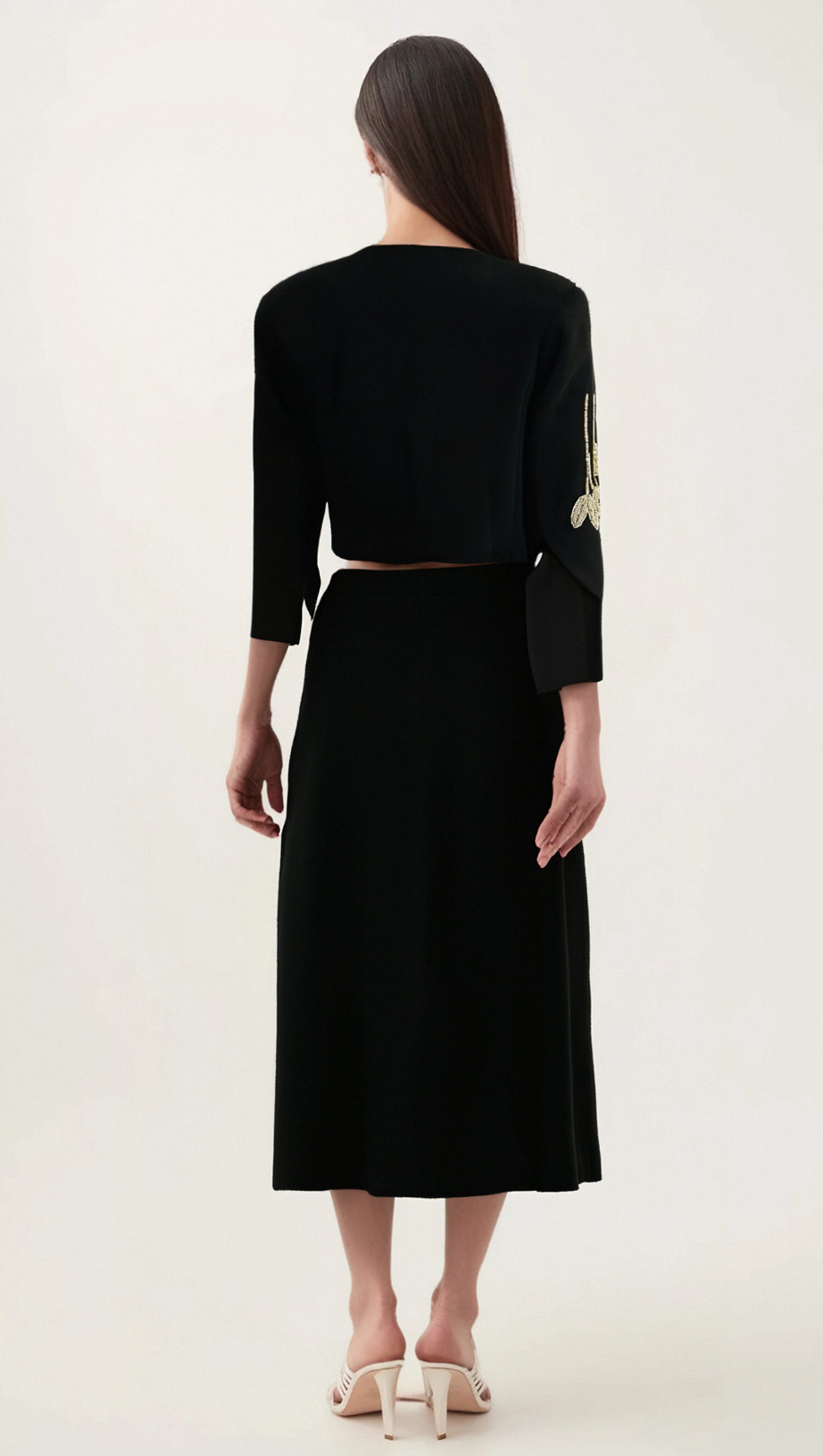 PAULINE BLACK FLORAL-APPLIQUÉ JACKET & SKIRT MATCHING SET