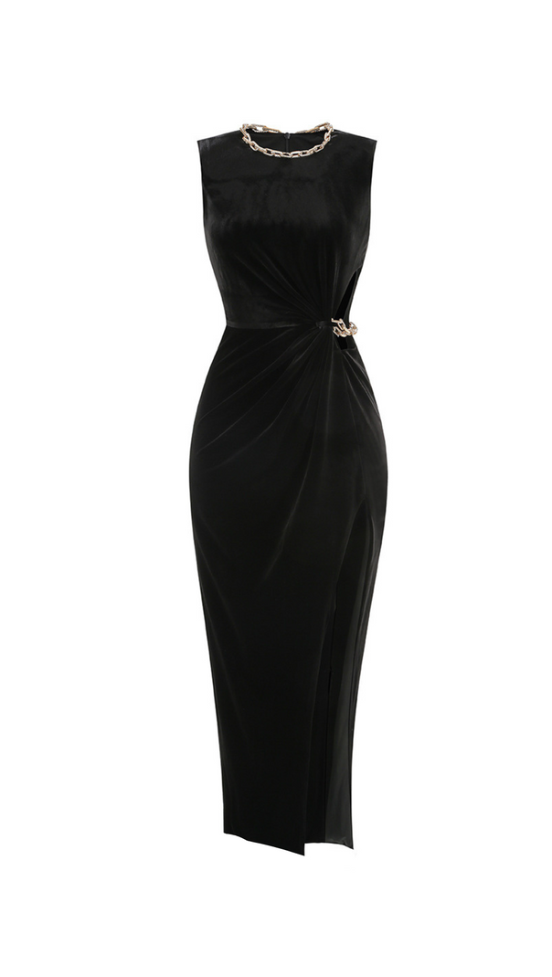 AIIZIE VELVET CRYSTAL EMBELLISHED MAXI DRESS IN BLACK - product image