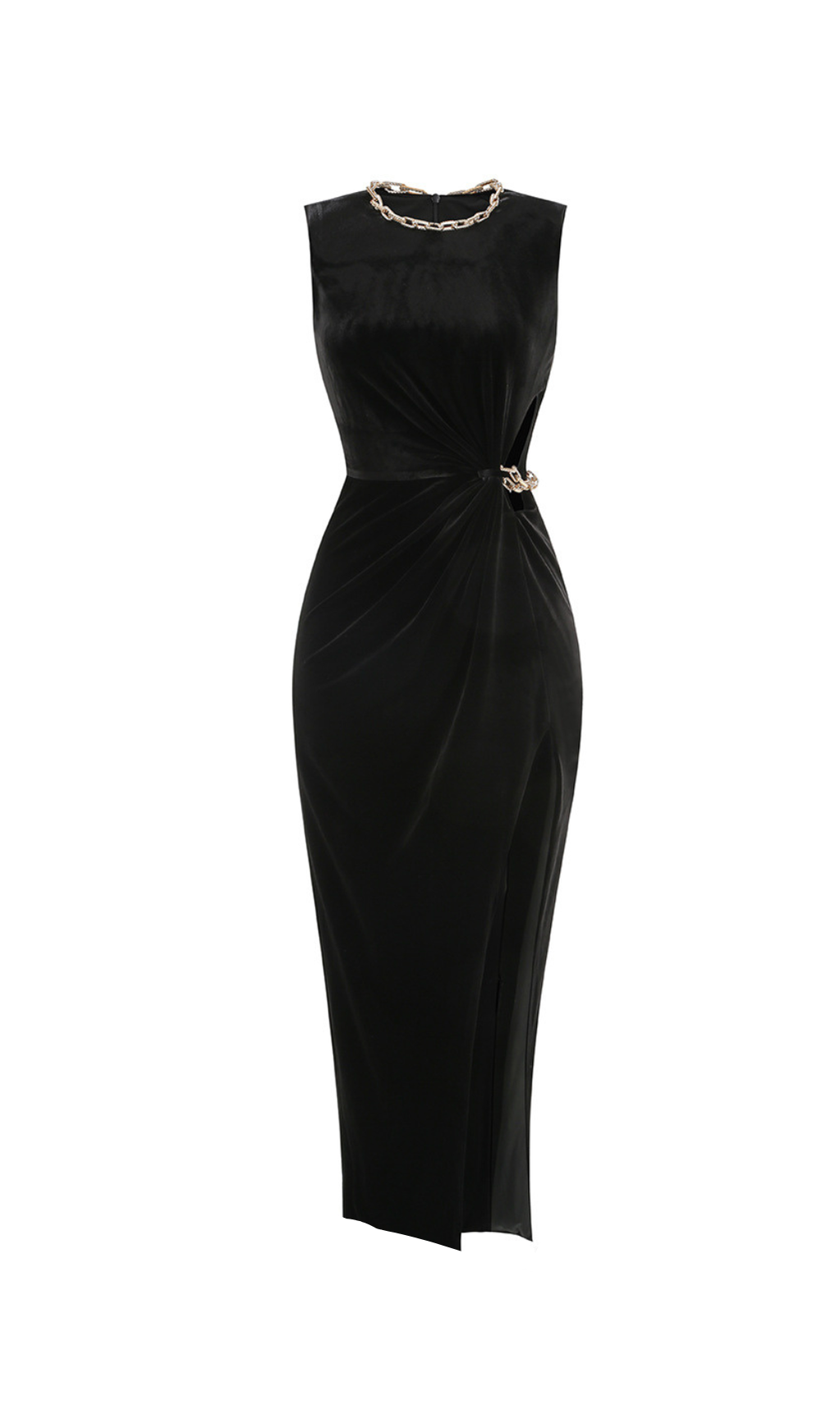VELVET CRYSTAL EMBELLISHED MAXI DRESS IN BLACK