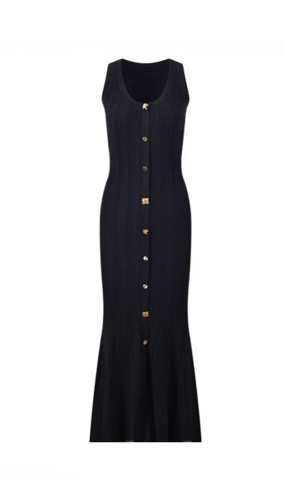 BUTTON-EMBELLISHED RIBBED-KNIT MIDI DRESS IN BLACK