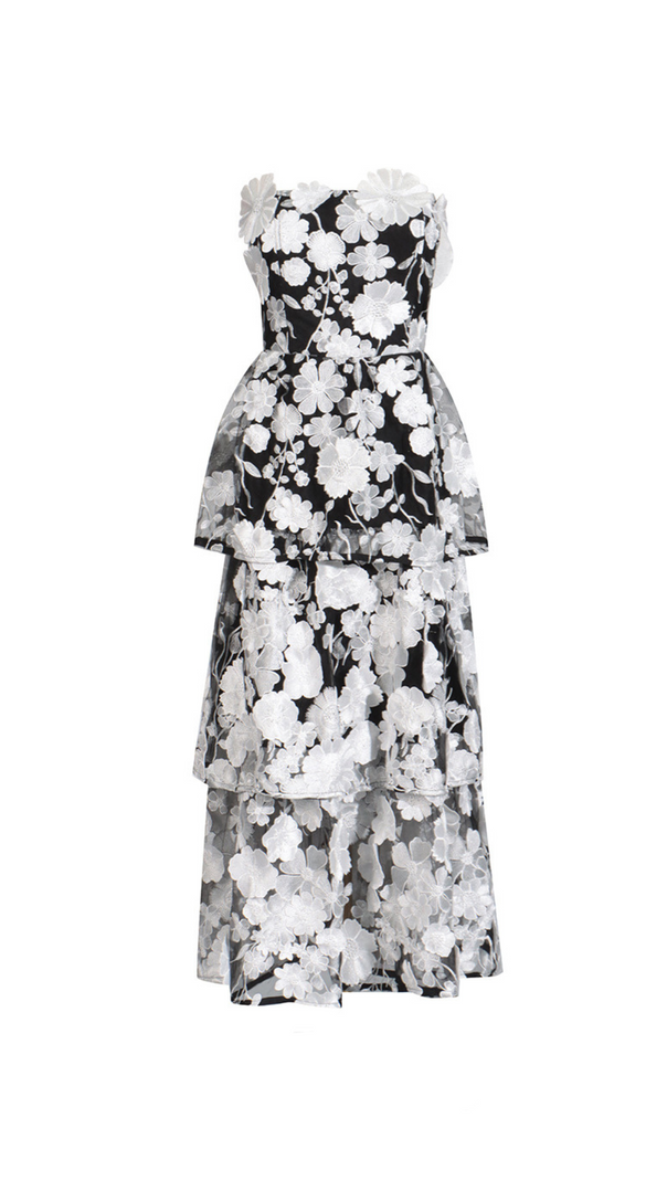 AIIZIE SELENE 3D FLOWER TIERED MAXI DRESS IN BLACK - product image