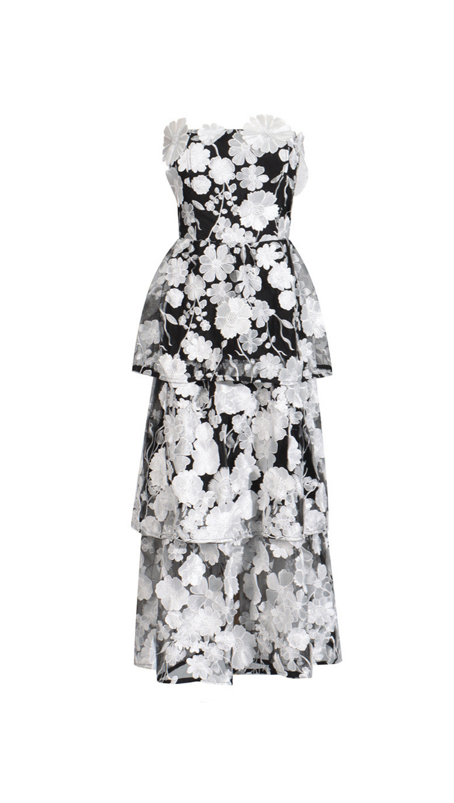 SELENE 3D FLOWER TIERED MAXI DRESS IN BLACK