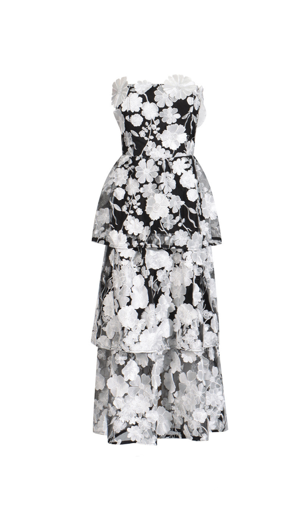 SELENE 3D FLOWER TIERED MAXI DRESS IN BLACK