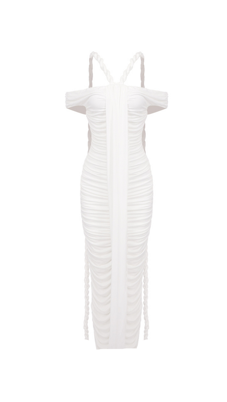 CARA WHITE OFF-SHOULDER RUCHED BODYCON MAXI DRESS WITH ROPE EMBELLISHED
