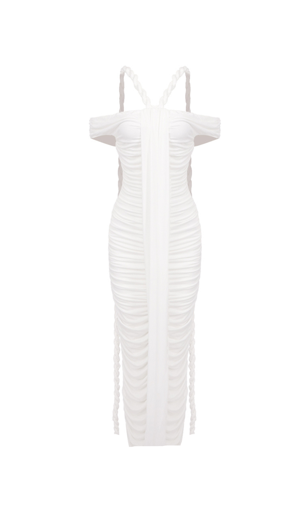 CARA WHITE OFF-SHOULDER RUCHED BODYCON MAXI DRESS WITH ROPE EMBELLISHED