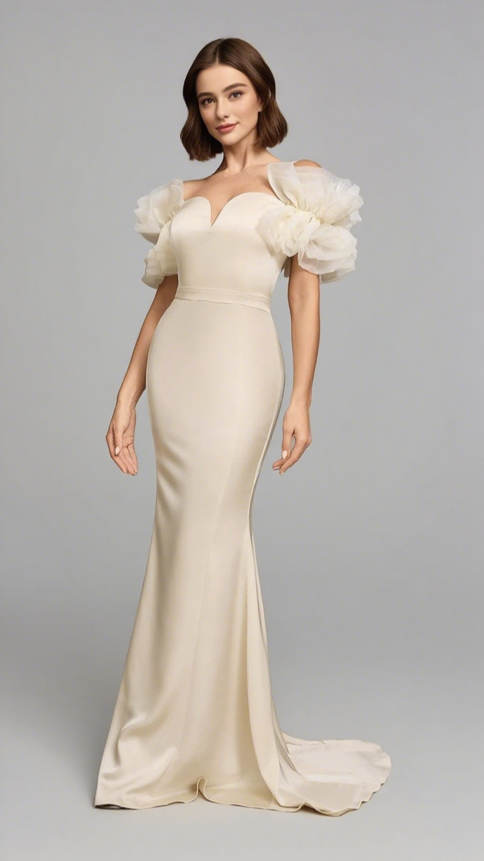 OFF - SHOULDER RUFFLED - SLEEVE MERMAID MAXI DRESS IN LVORY