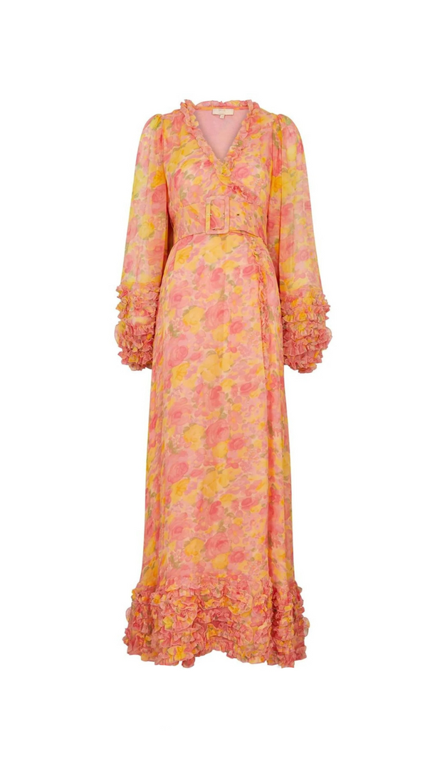 AIIZIE CHIFFON RUFFLED WRAP MAXI DRESS IN ORANGE - product image