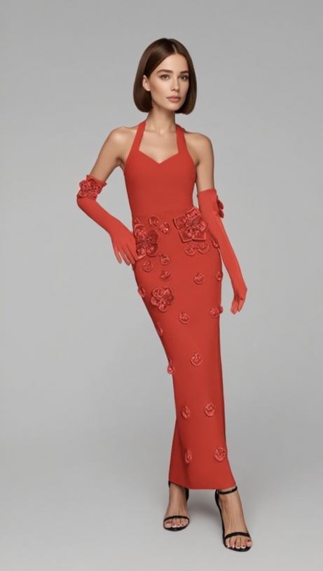 STRAPLESS FLORAL EMBELLISHED MIDI DRESS IN RED