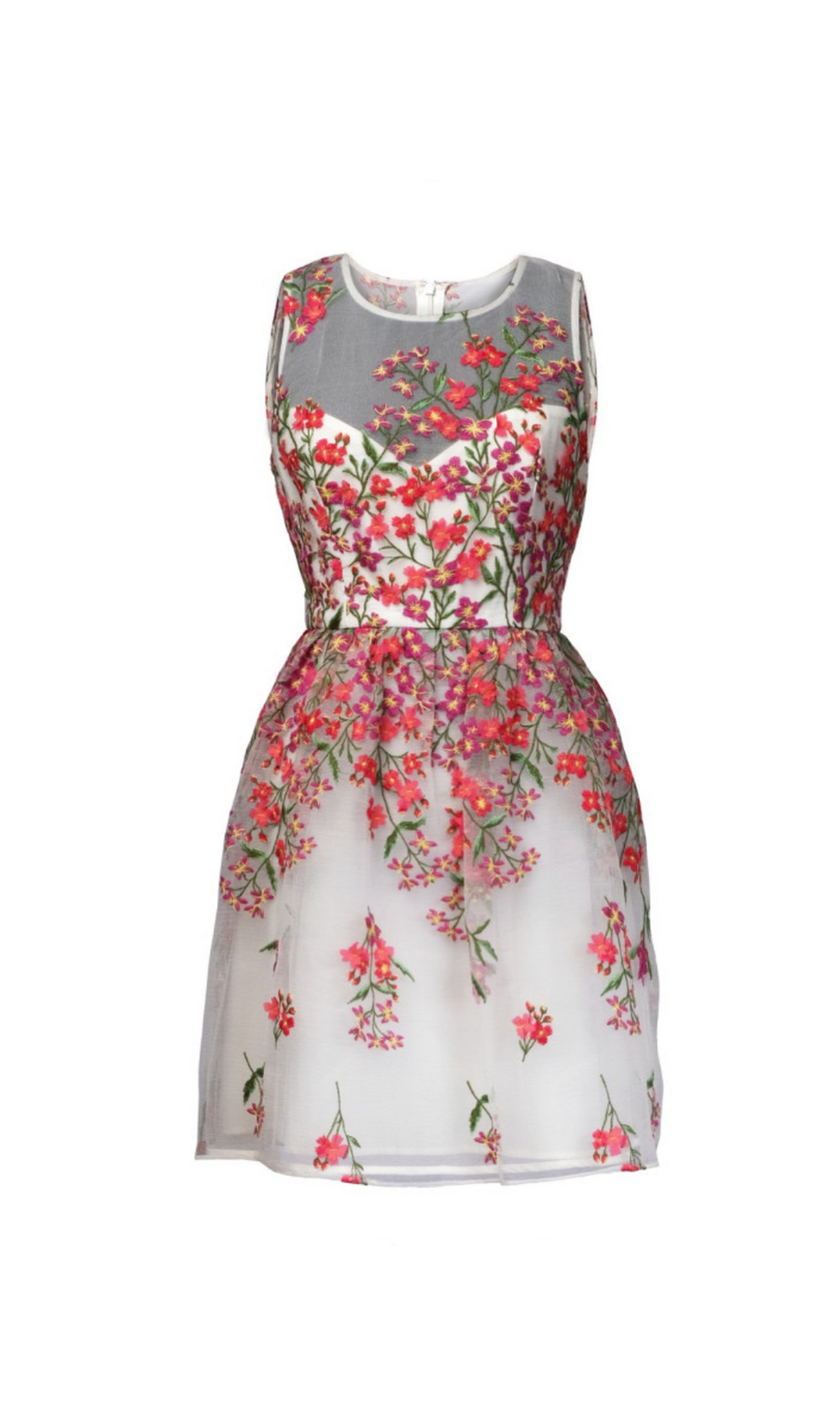 Weißes ausgestelltes Minikleid mit Blumenstickerei