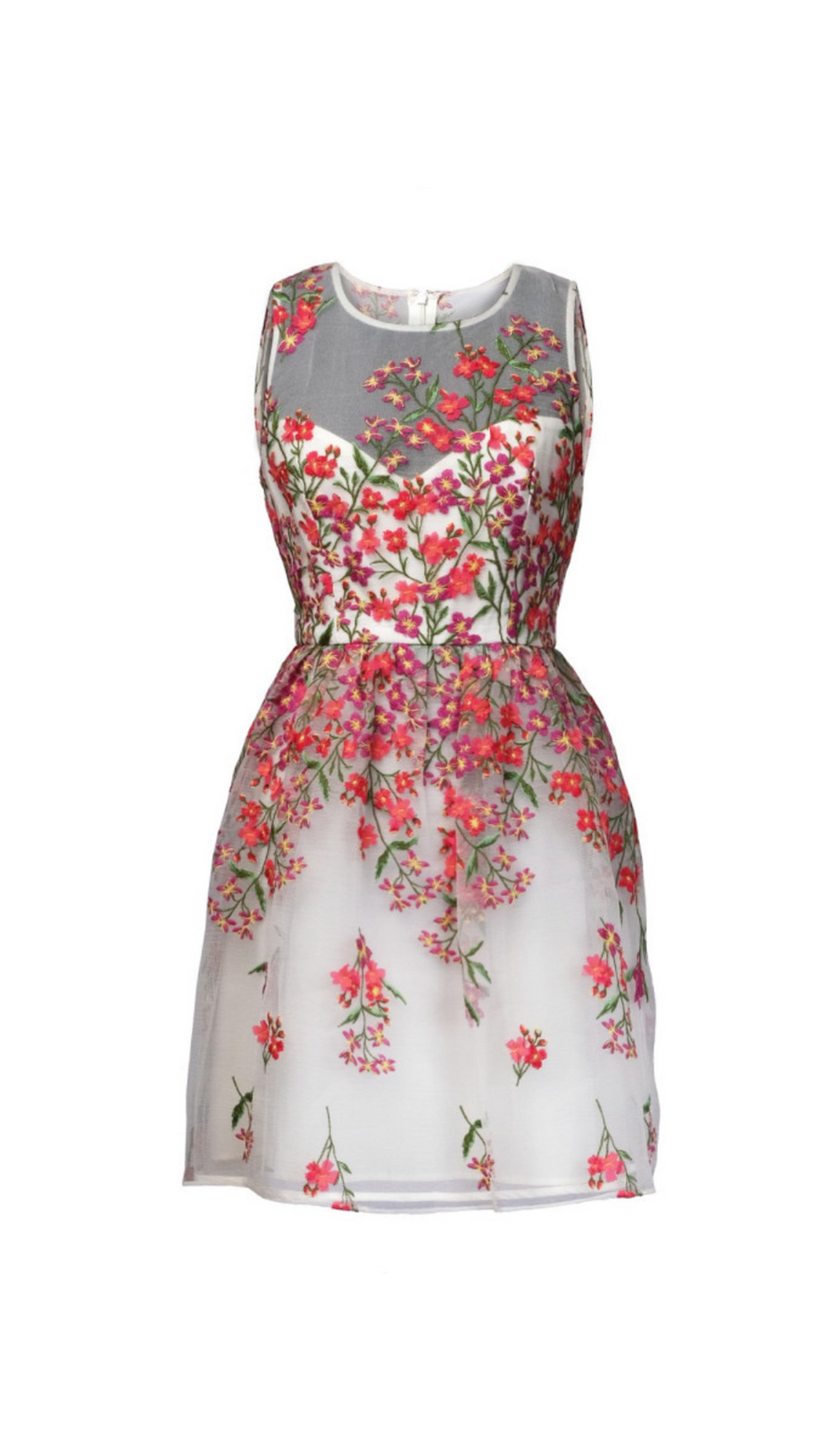 Weißes ausgestelltes Minikleid mit Blumenstickerei