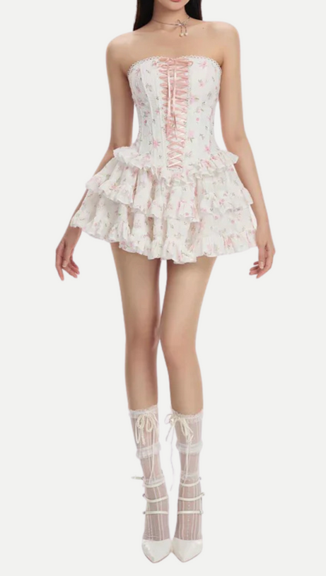 FLORAL PRINT CHEST-WRAPPED MINI DRESS IN WHITE