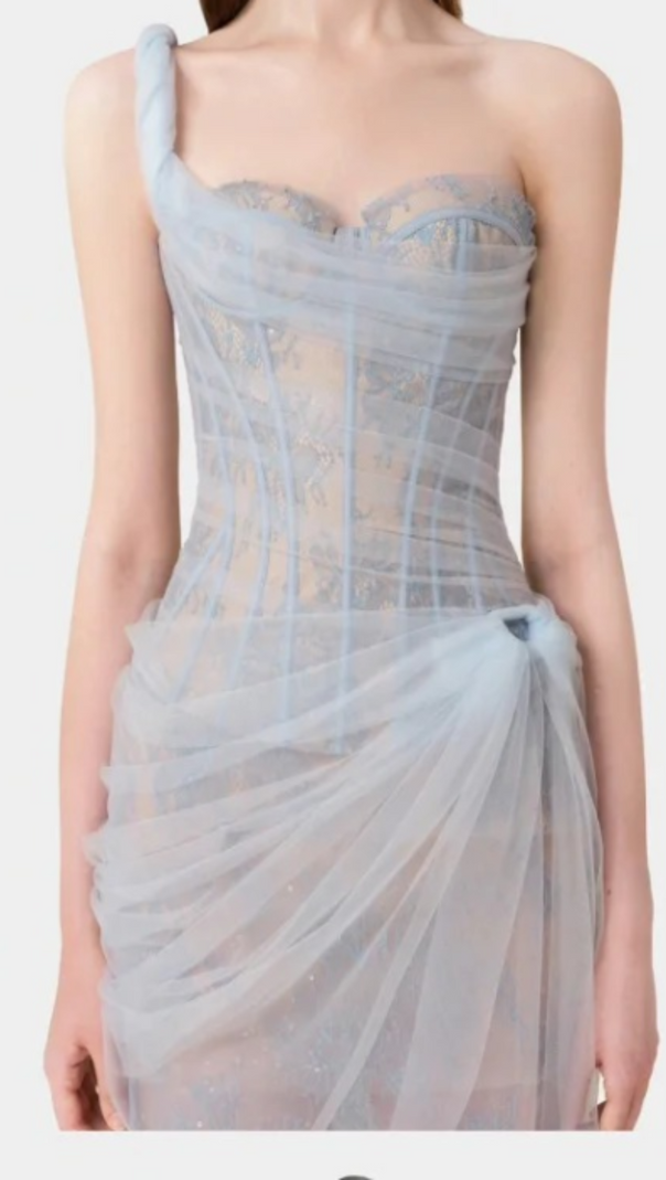 AIIZIE ONE SHOULDER MESH RUCHED MIDI DRESS IN BLUE - product image