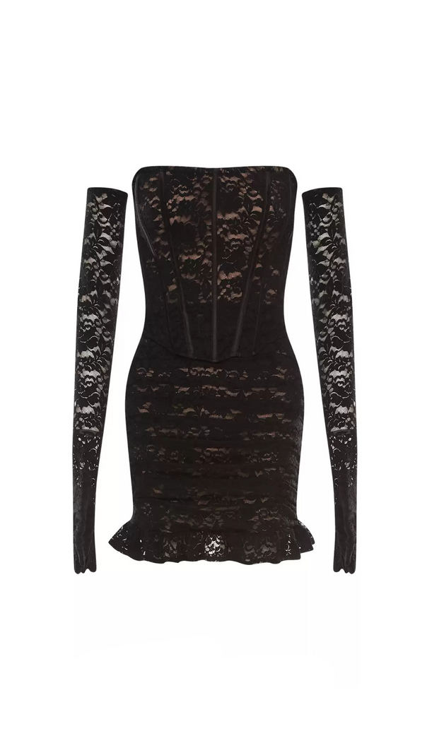 AIIZIE FISHBONE EMBELLISHED LACE RUFFLE MINI DRESS IN BLACK - product image