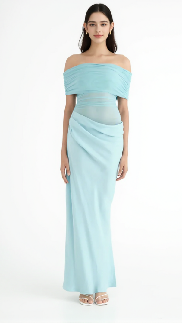 AIIZIE OFF SHOULDER RUCHED MESH MAXI DRESS IN BLUE - product image