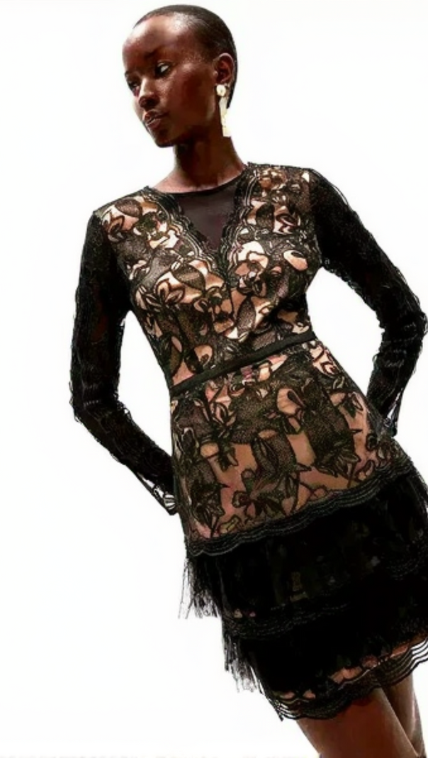 AIIZIE BLACK TULLE RUFFLE HEM EMBROIDERED LACE MINI DRESS - product image