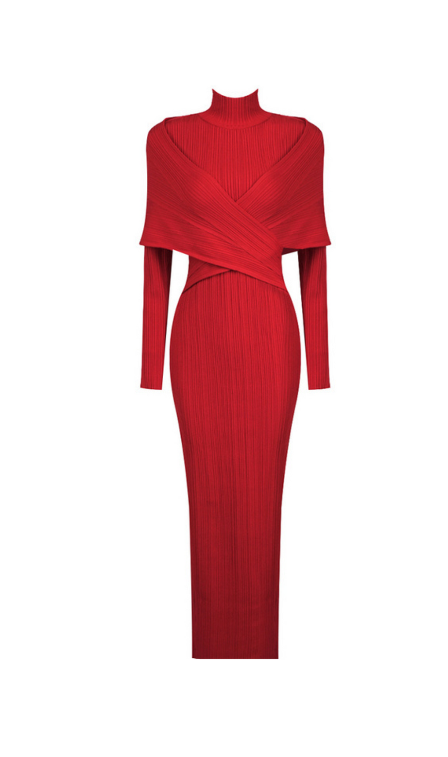 abito lungo in maglia plissettata a maniche lunghe in rosso