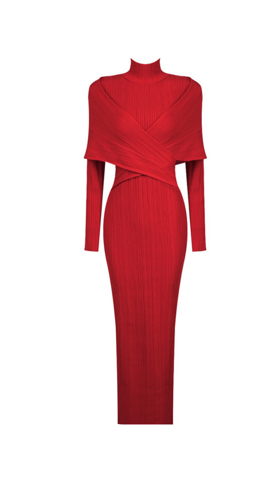 LONG SLEEVE PLEATED KNIT MAXI DRESS IN RED