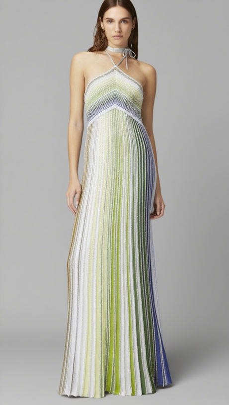 HALTER METALLIC GRADIENT KNIT MAXI DRESS - GREEN
