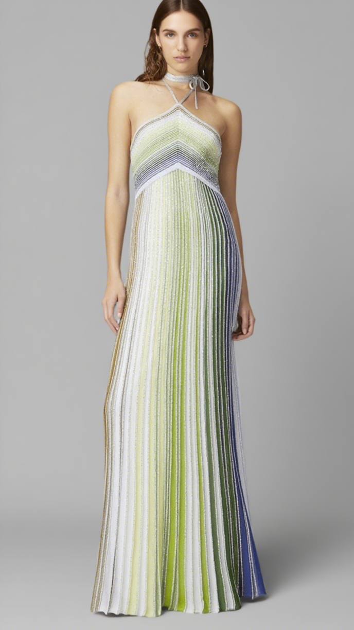 HALTER METALLIC GRADIENT KNIT MAXI DRESS - GREEN