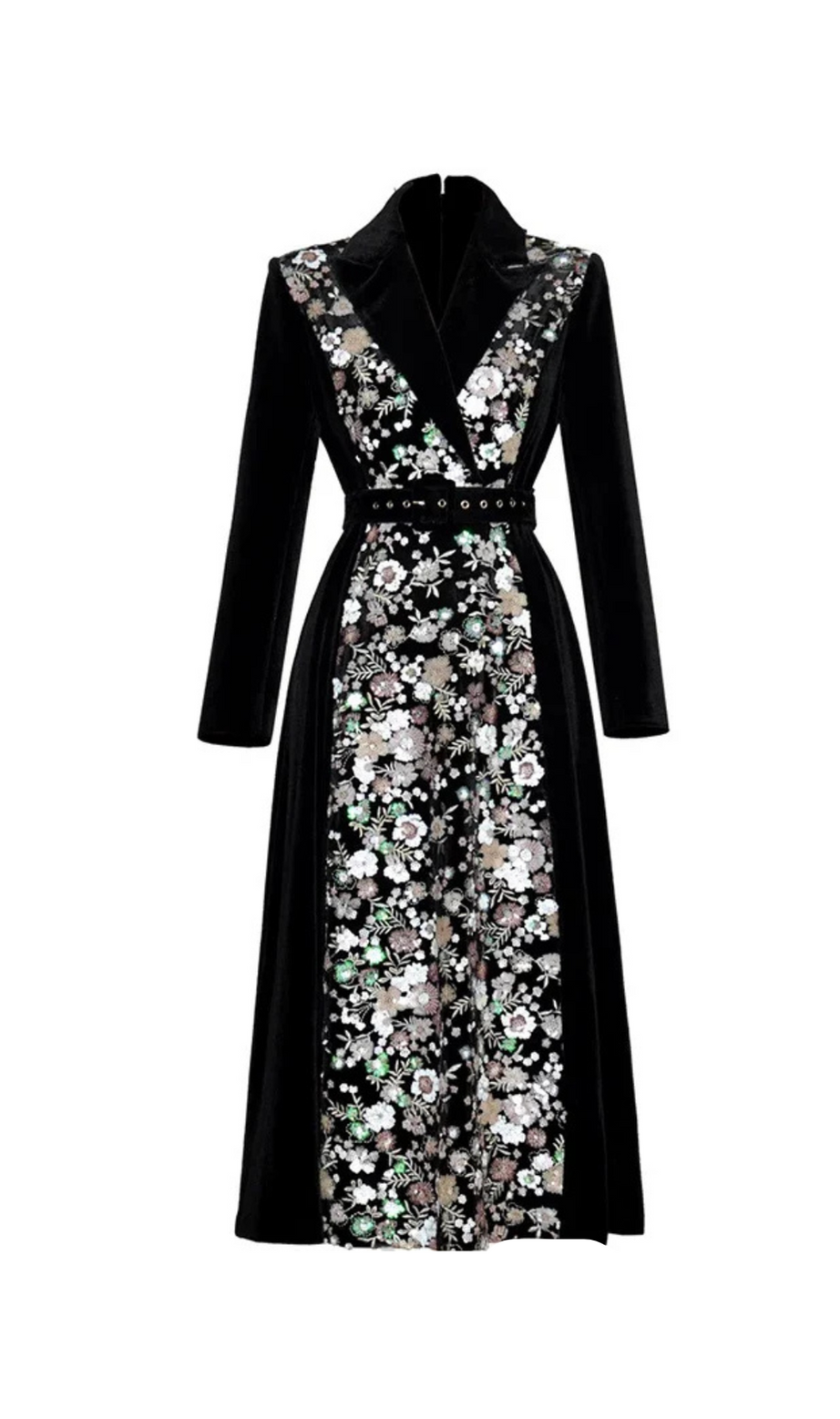 Abito midi in velluto ricamato con paillettes, nero