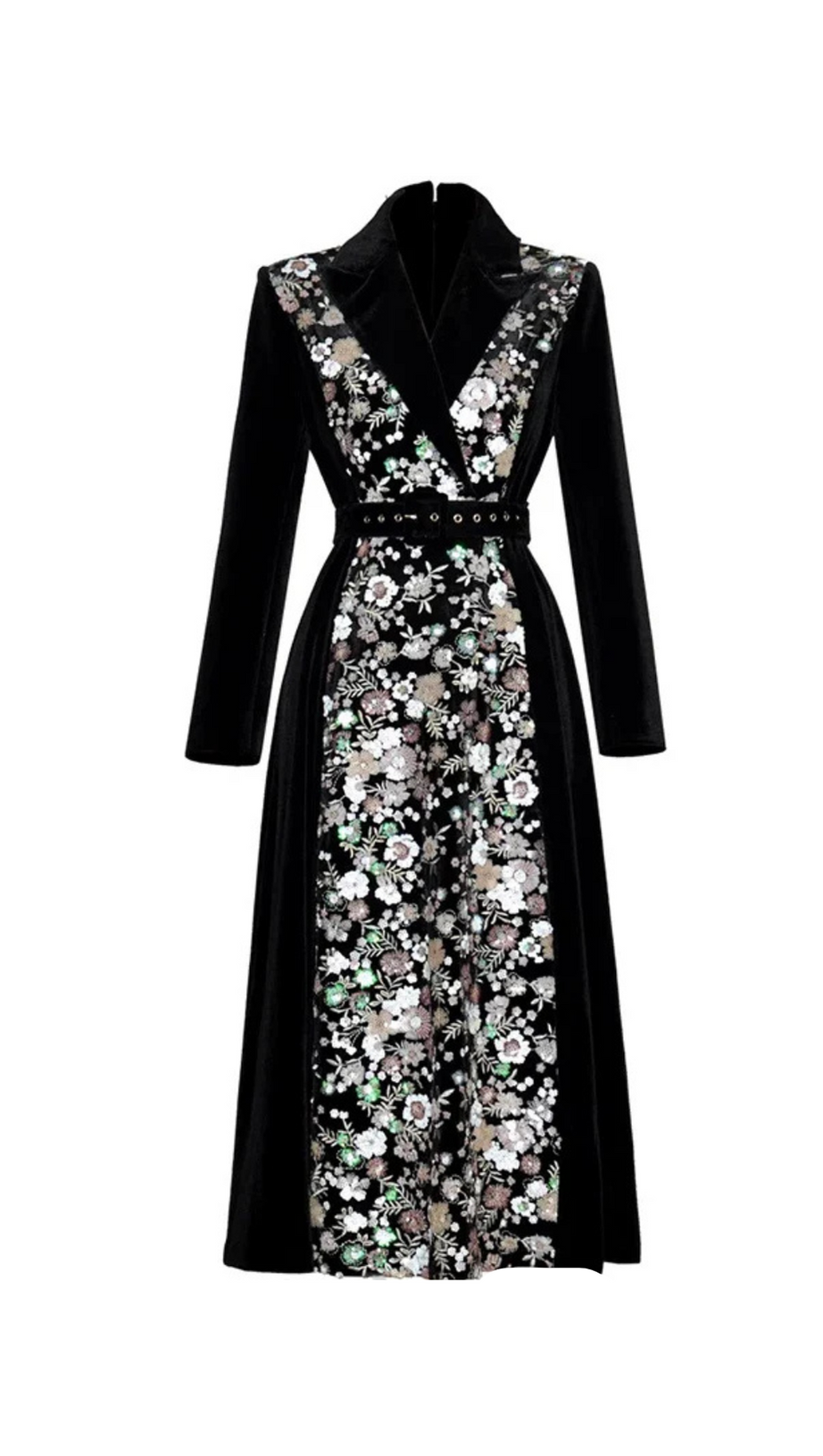 Abito midi in velluto ricamato con paillettes, nero