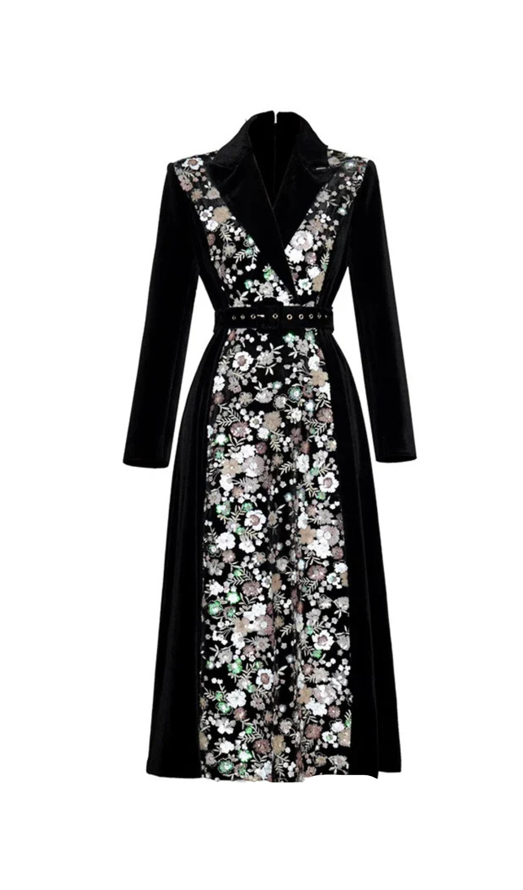 SEQUIN EMBROIDERED VELVET MIDI DRESS IN BLACK