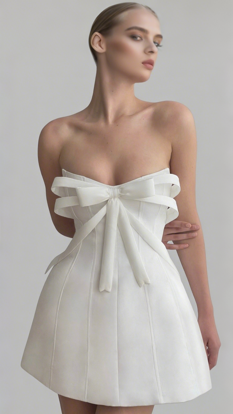 WHITE BOW EMBELLISHED STRAPLESS MINI DRESS