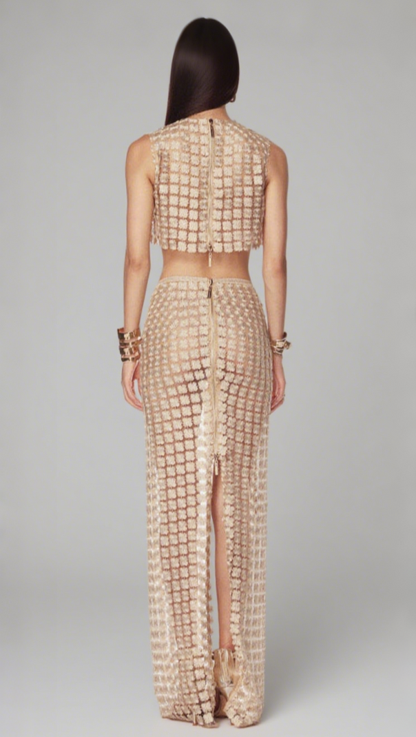 AIIZIE APRICOT SHEER PLAID FISHTAIL MAXI SKIRT TWO PIECE OF SET - product image