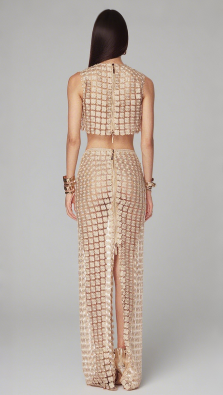 APRICOT SHEER PLAID FISHTAIL MAXI SKIRT TWO PIECE OF SET