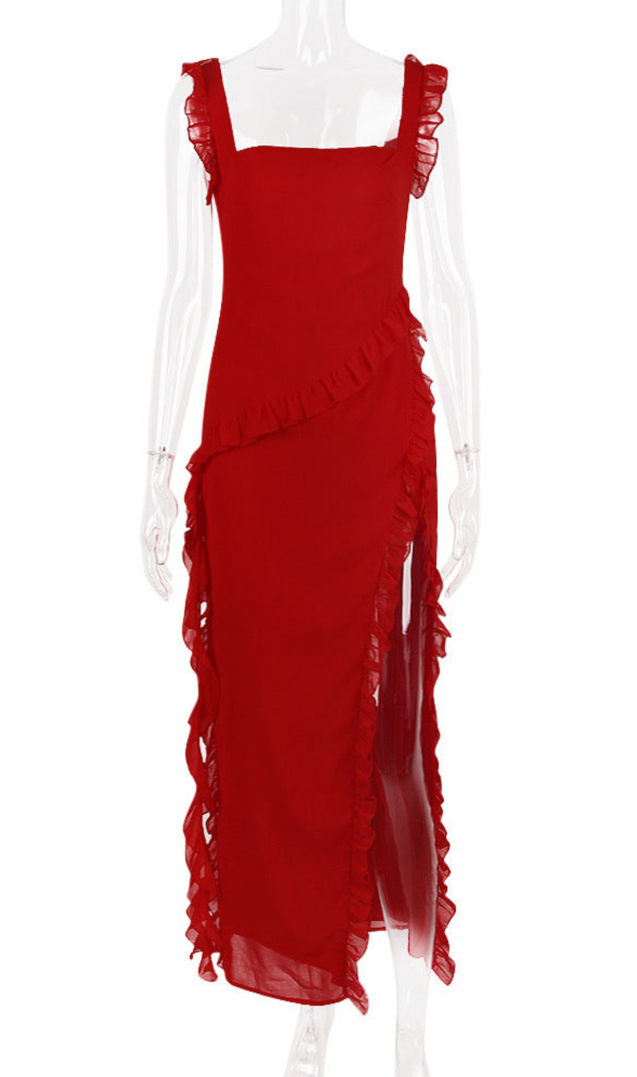 MAXIKLEID MIT RÜSCHEN IN KIRSCHE 