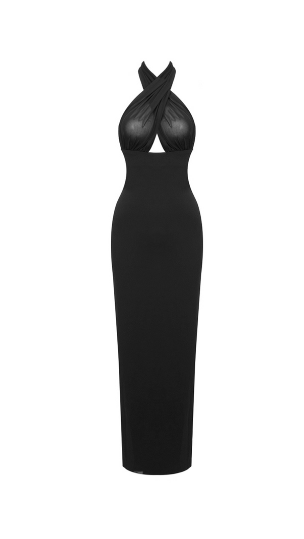 AIIZIE MERRY BLACK SHEER MESH UPPER PONTE LOWER MAXI DRESS - product image