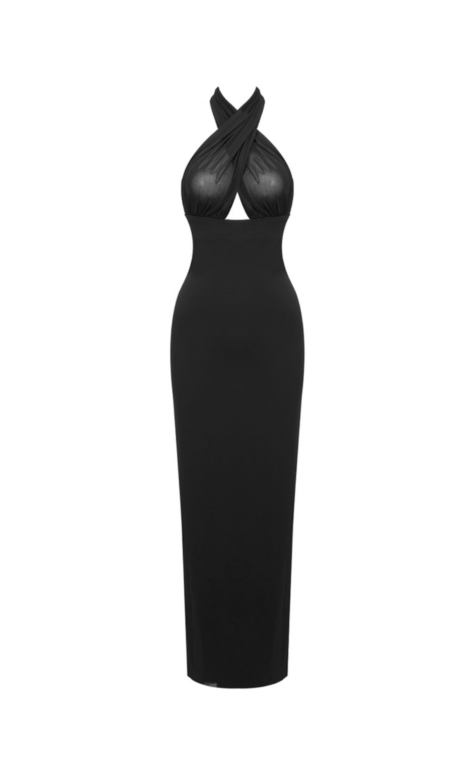 MERRY SCHWARZES, TRANSPARENTES NETZ-MAXIKLEID OBEN, PONTE-UNTERTEIL