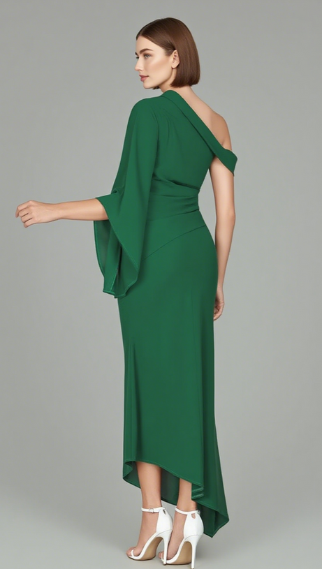 ONE - SHOULDER RUFFLED ASYMMETRIC MAXI DRESS IN GREEN