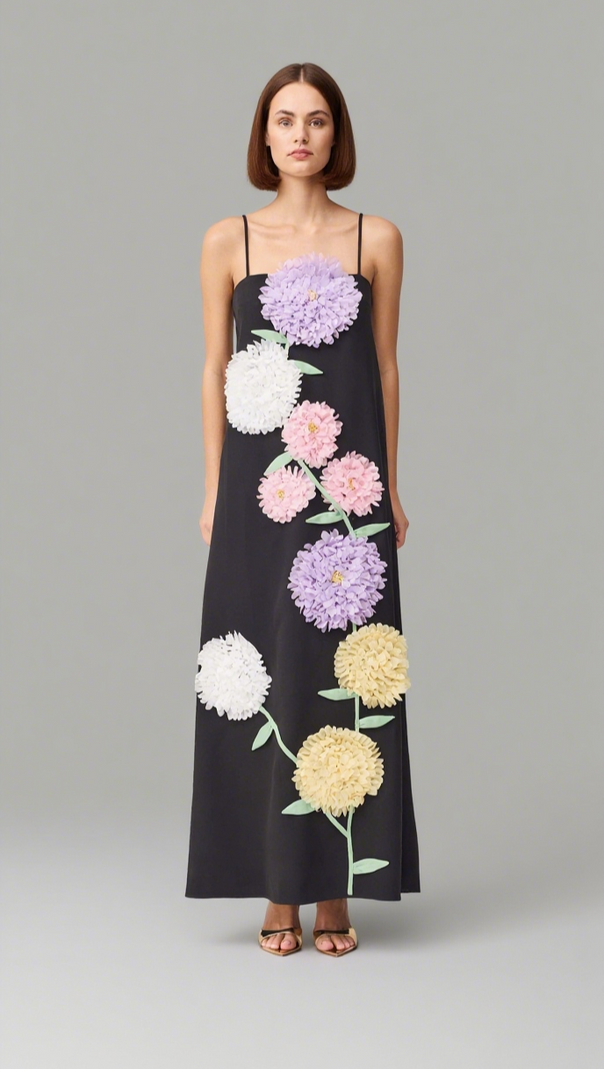 AIIZIE KRISTIN BUTTERCUP EMBROIDERED MAXI DRESS IN BLACK - product image