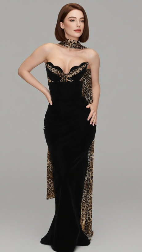 SQUARE NECK TEXTURED FLORAL MERMAID DRESS IN BLACK