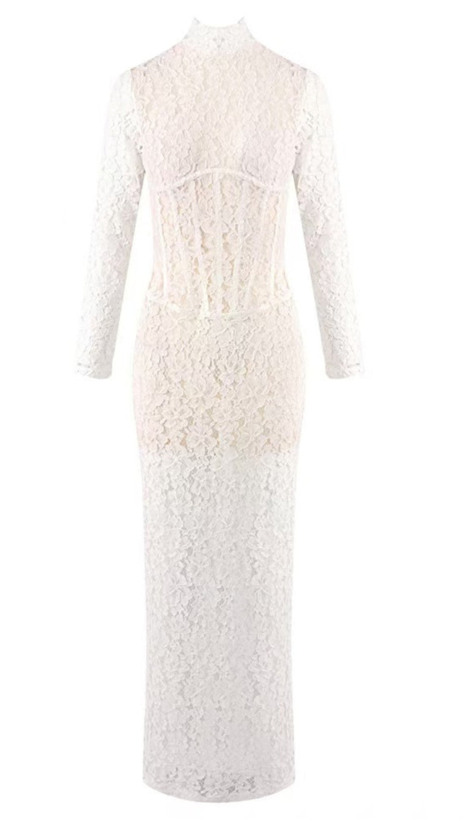 SEDUCTIVE WHITE LACE MOCK NECK MAXI DRESS