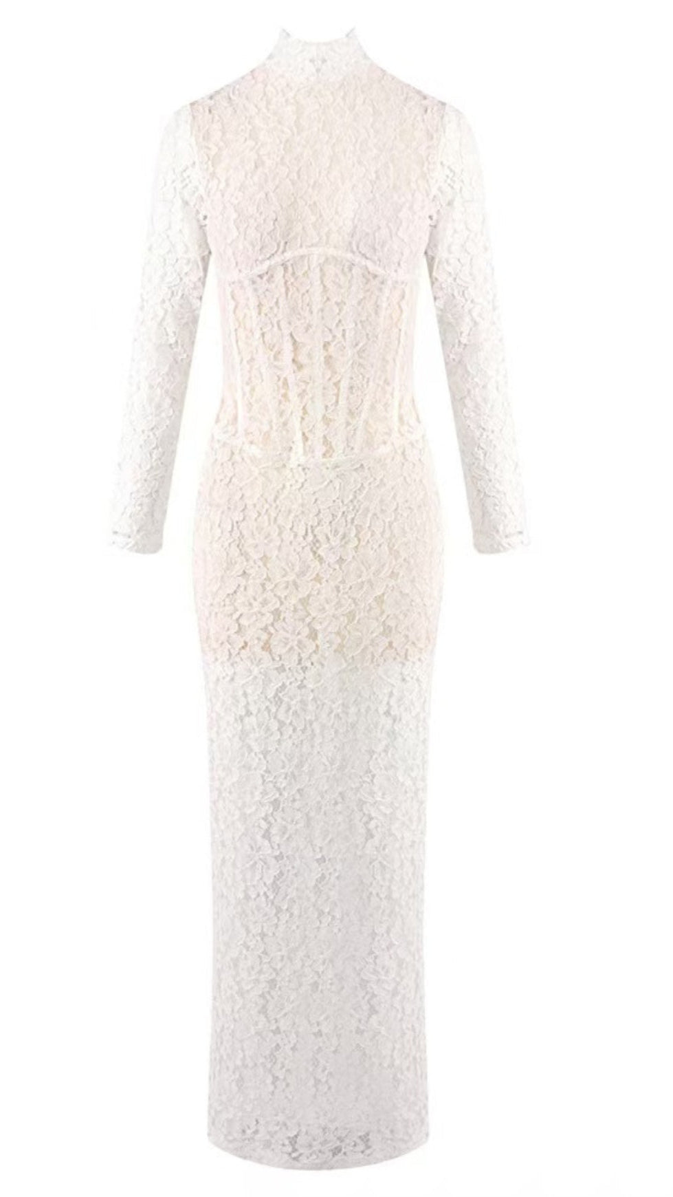 SEDUCTIVE WHITE LACE MOCK NECK MAXI DRESS
