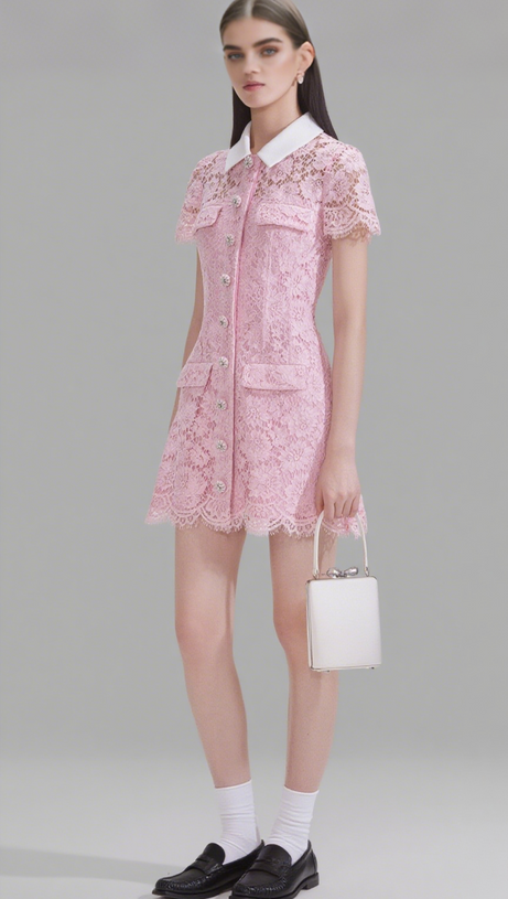 PINK LACE COLLARED MINI DRESS
