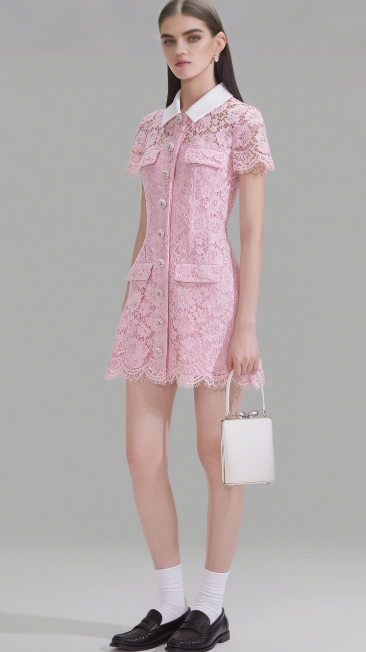 PINK LACE COLLARED MINI DRESS